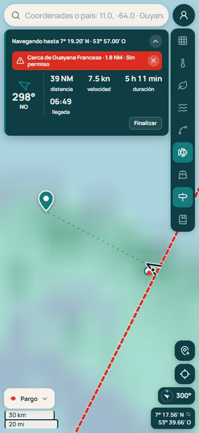 NAVIA en el teléfono: navegando hacia un punto con aviso de frontera