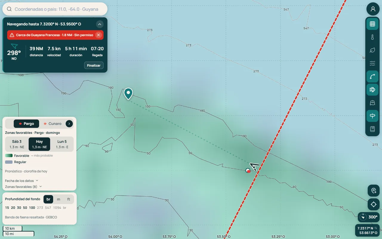 Navegación con rumbo, millas y hora estimada de llegada en tablet